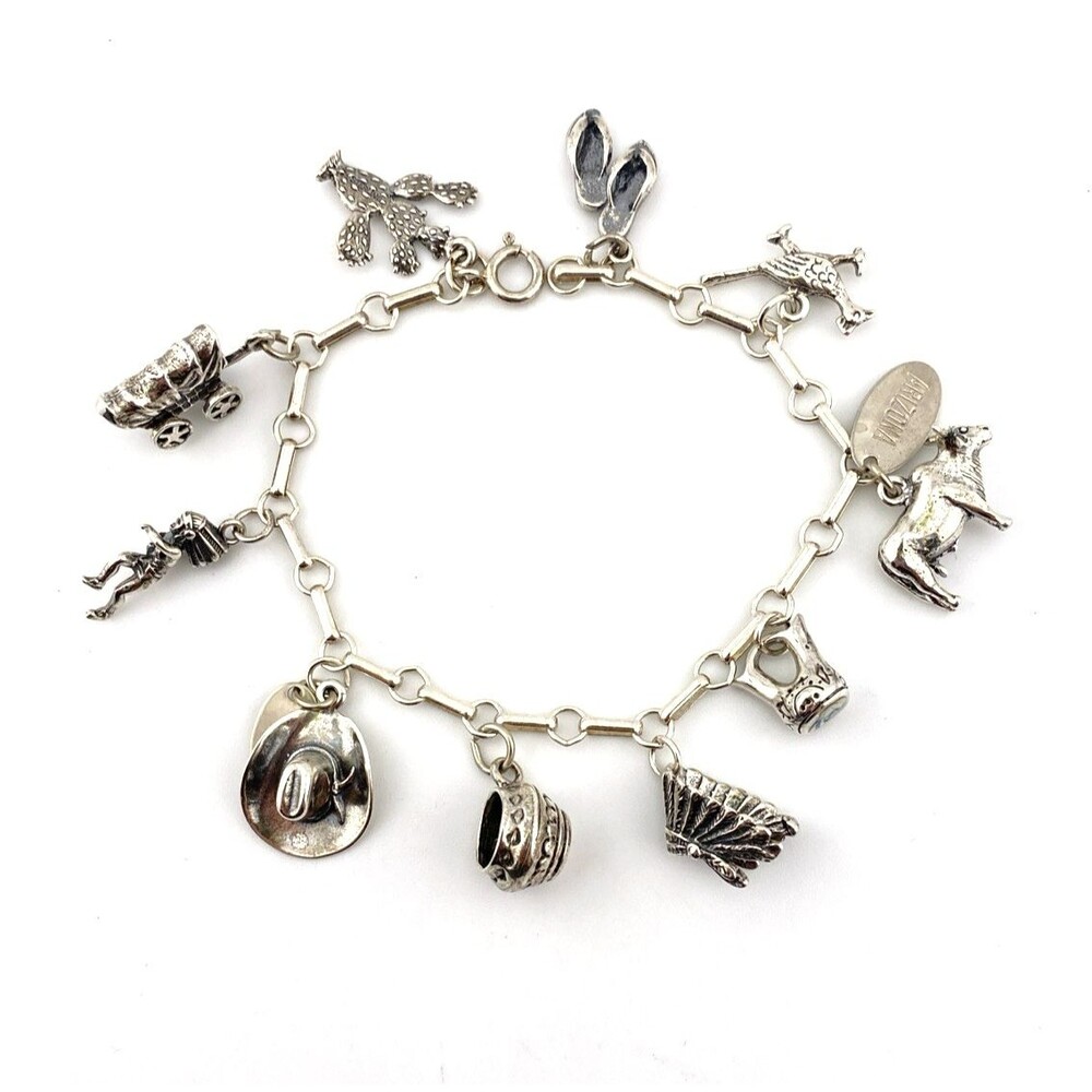 Arizona Sterling Silver Charm Bracelet 10 Charms Figural 7 Inch Vintage